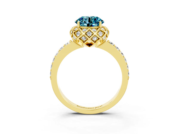 Yellow gold Round Cut Blue Topaz Scalloped Halo Engagement Ring with Round Shared Prong Band