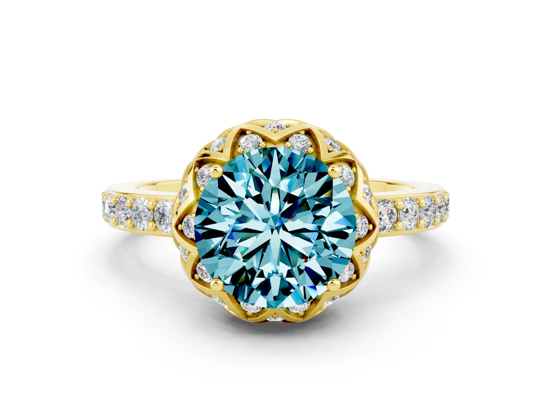 Yellow gold Round Cut Blue Topaz Scalloped Halo Engagement Ring with Round Shared Prong Band_24