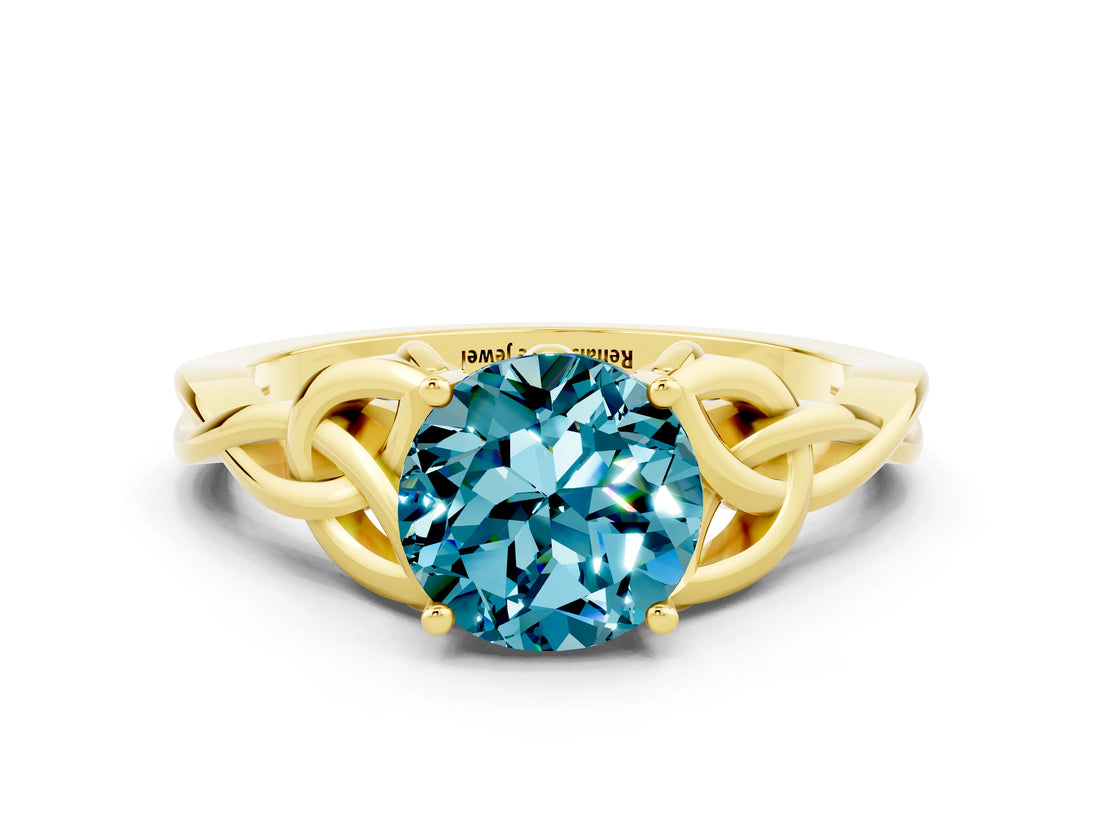 Yellow gold Round Cut Blue Topaz Solitaire Celtic Knot Ring with Four-Prong Setting_12