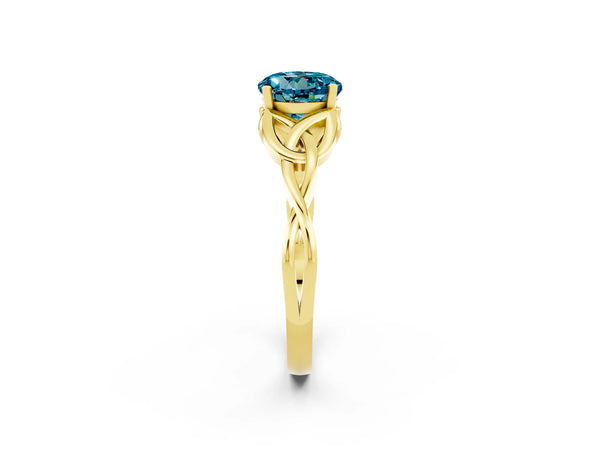 Yellow gold Round Cut Blue Topaz Solitaire Celtic Knot Ring with Four-Prong Setting