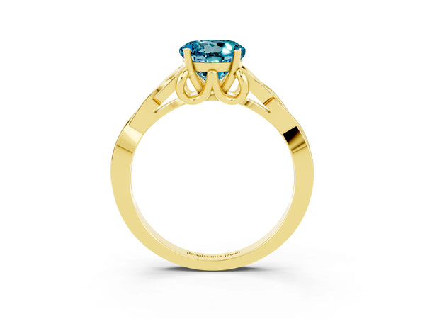 Yellow gold Round Cut Blue Topaz Solitaire Celtic Knot Ring with Four-Prong Setting