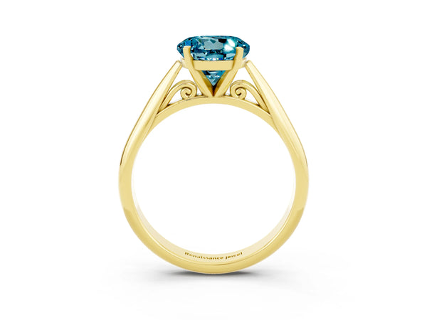 Yellow gold Round Cut Blue Topaz Solitaire Engagement Ring with Cathedral Setting and Four-Prong Mount
