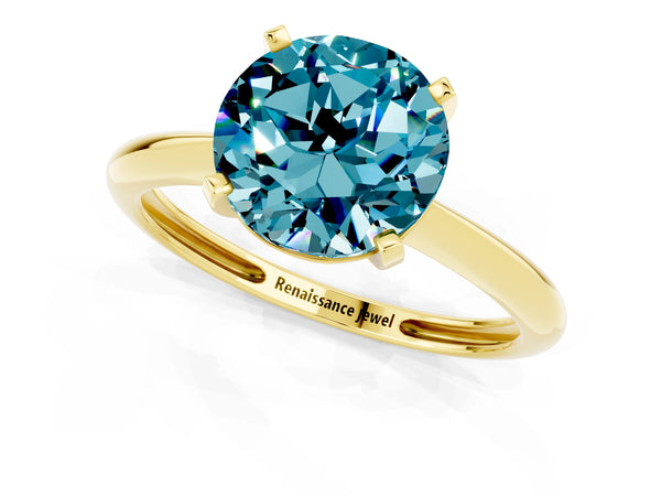 Yellow gold Round Cut Blue Topaz Solitaire Engagement Ring with Classic Band and Four-Prong Setting