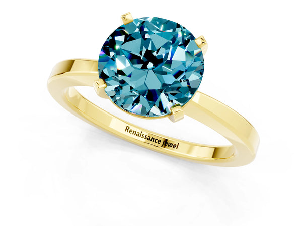 Yellow gold Round Cut Blue Topaz Solitaire Engagement Ring with Classic Band and Four-Prong Setting