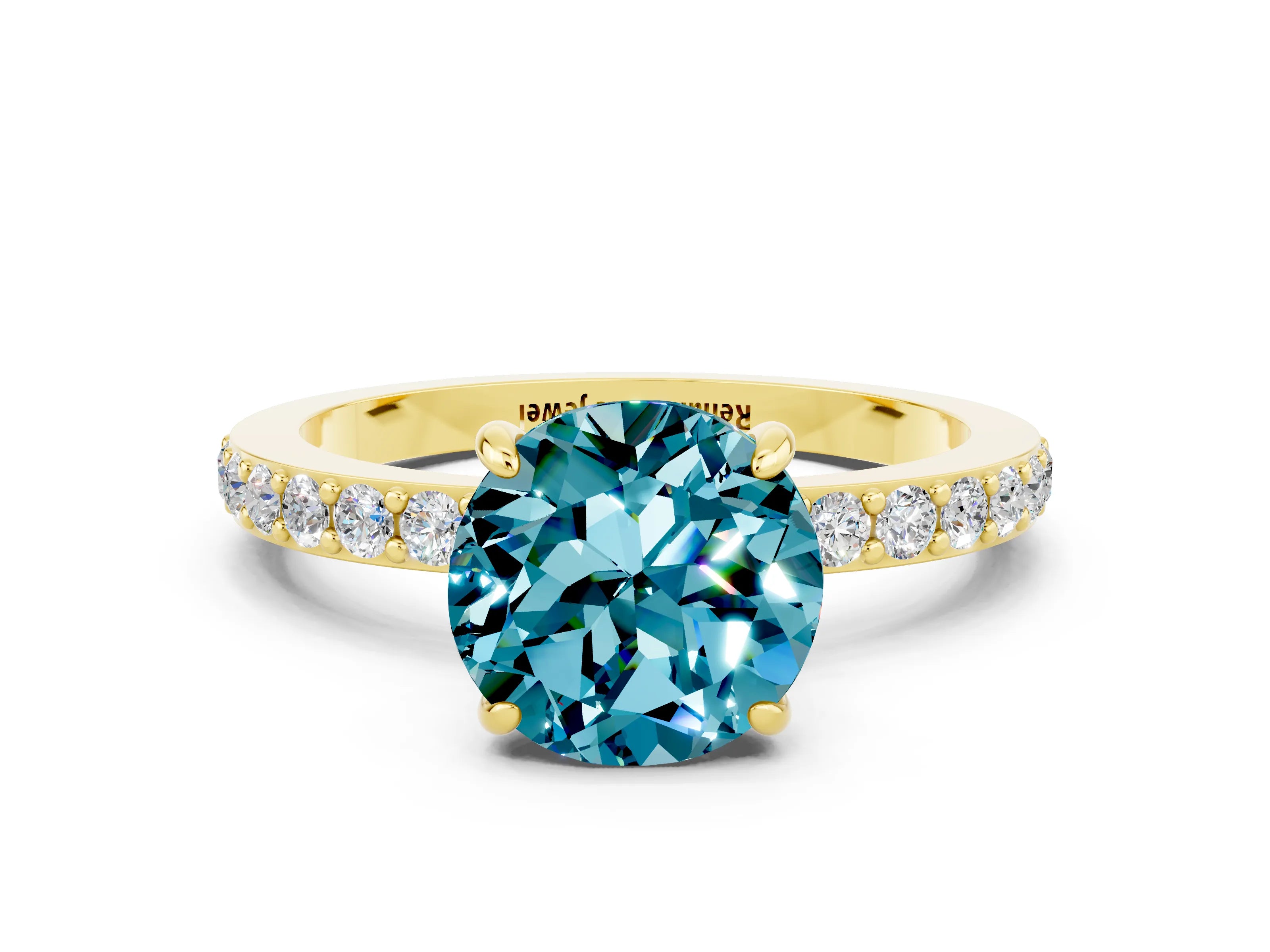 Yellow gold Round Cut Blue Topaz Solitaire Engagement Ring with Pavé Band and Four-Prong Setting