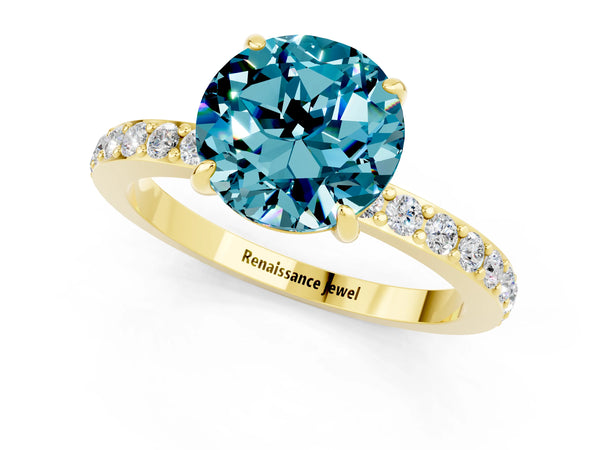Yellow gold Round Cut Blue Topaz Solitaire Engagement Ring with Pavé Band and Four-Prong Setting