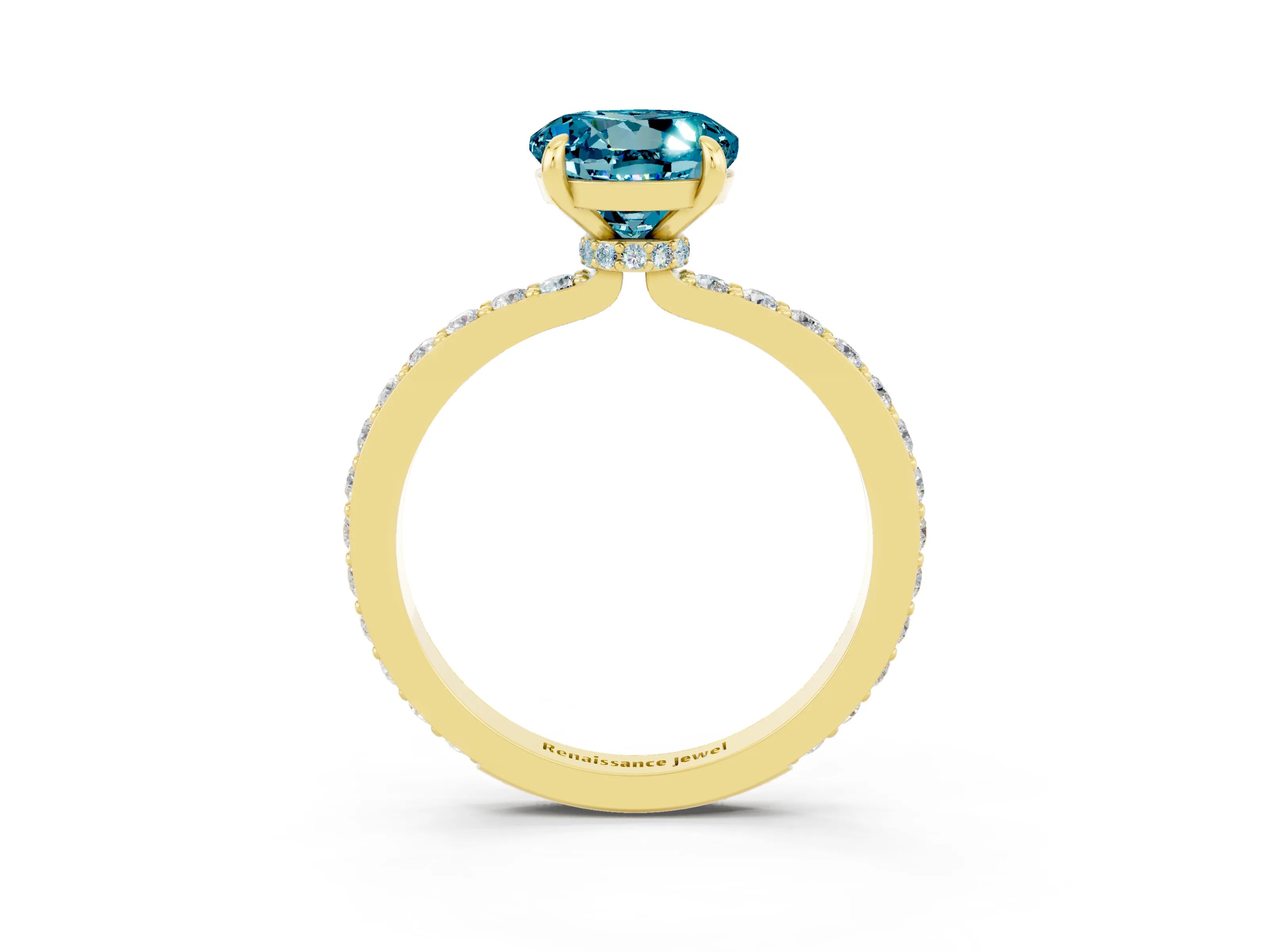 Yellow gold Round Cut Blue Topaz Solitaire Engagement Ring with Pavé Band and Four-Prong Setting_3