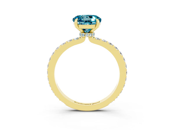 Yellow gold Round Cut Blue Topaz Solitaire Engagement Ring with Pavé Band and Four-Prong Setting