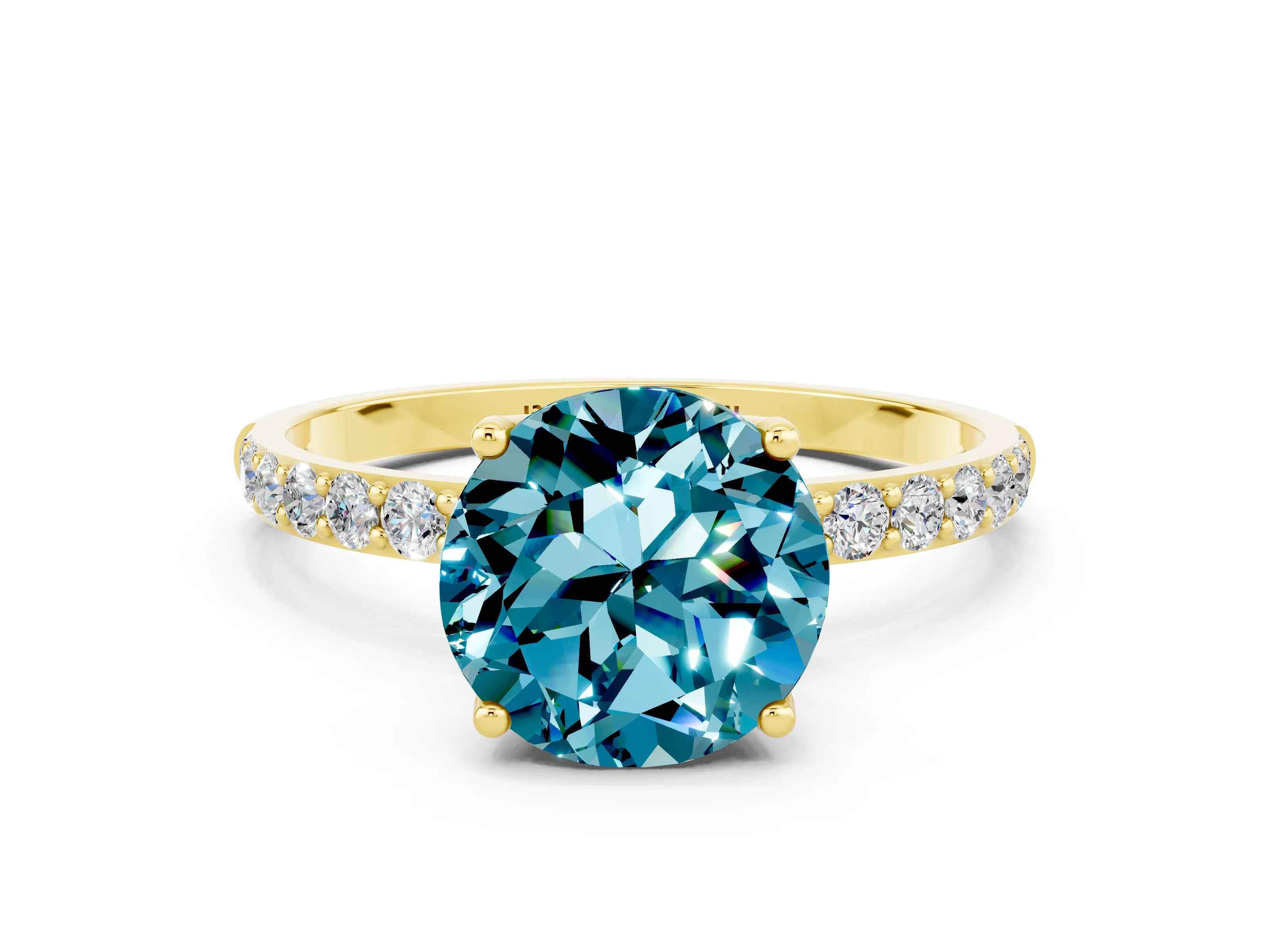 Yellow gold Round Cut Blue Topaz Solitaire Engagement Ring with Pavé Band and Prong Setting
