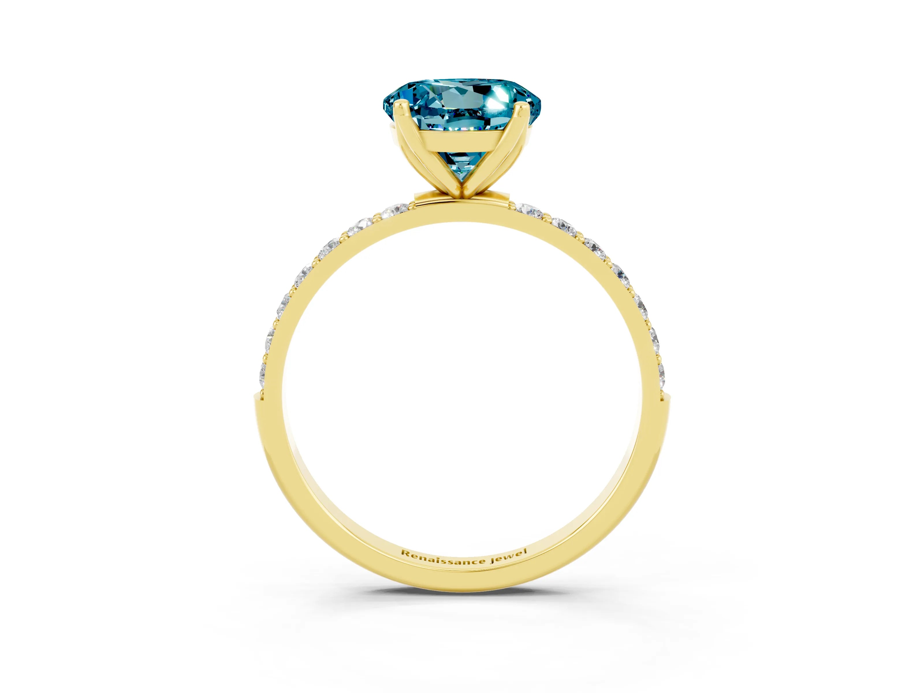 Yellow gold Round Cut Blue Topaz Solitaire Engagement Ring with Pavé Band and Prong Setting_3