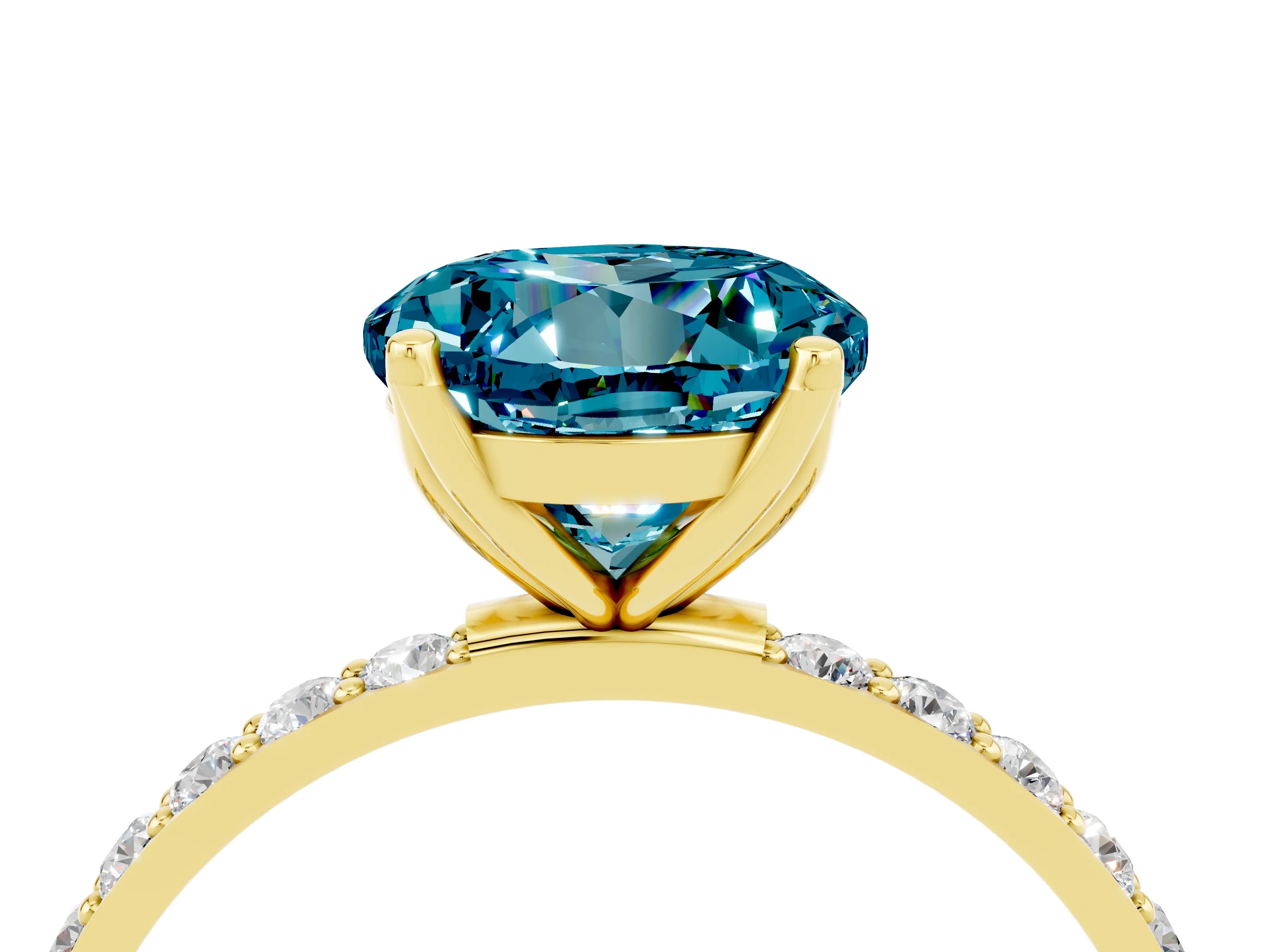 Yellow gold Round Cut Blue Topaz Solitaire Engagement Ring with Pavé Band and Prong Setting_4