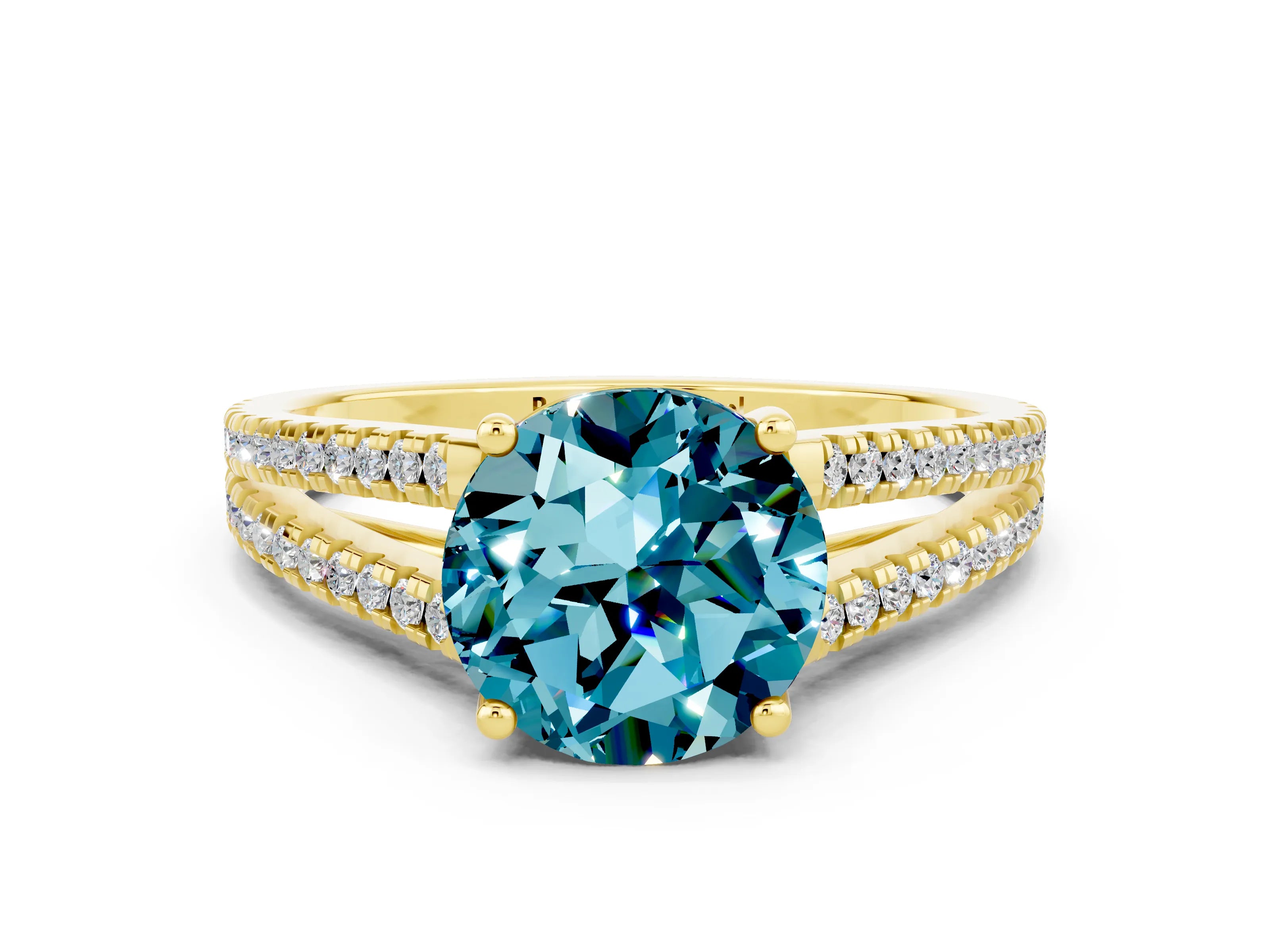 Yellow gold Round Cut Blue Topaz Solitaire Engagement Ring with Split Shank Pavé Band