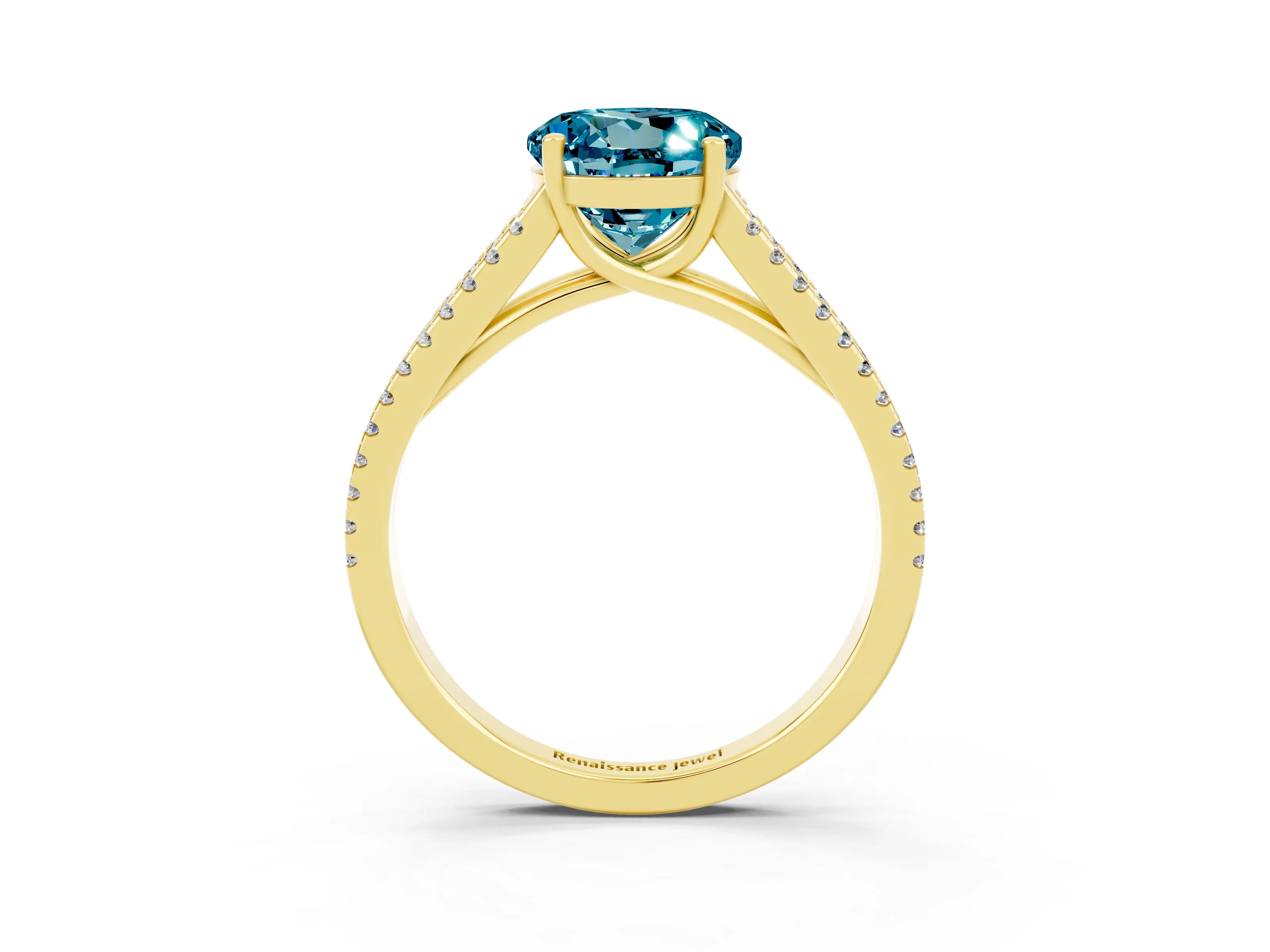 Yellow gold Round Cut Blue Topaz Solitaire Engagement Ring with Split Shank Pavé Band_3