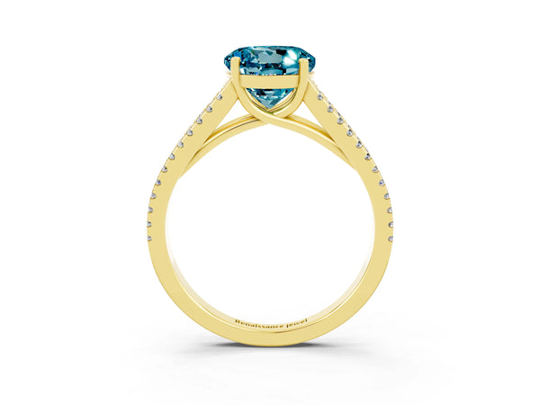 Yellow gold Round Cut Blue Topaz Solitaire Engagement Ring with Split Shank Pavé Band