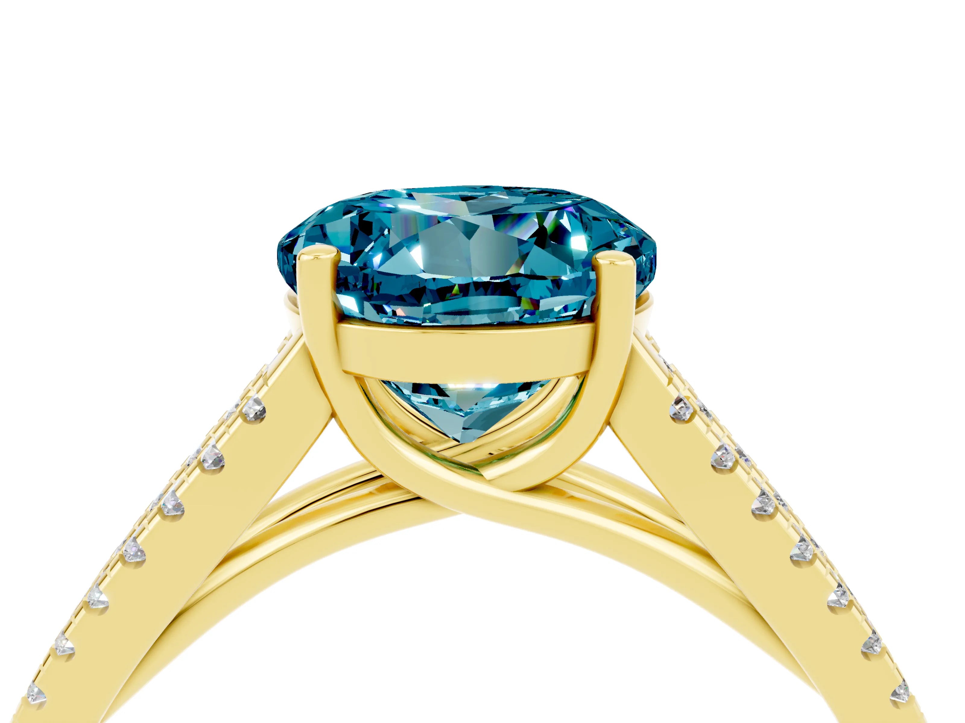 Yellow gold Round Cut Blue Topaz Solitaire Engagement Ring with Split Shank Pavé Band_4