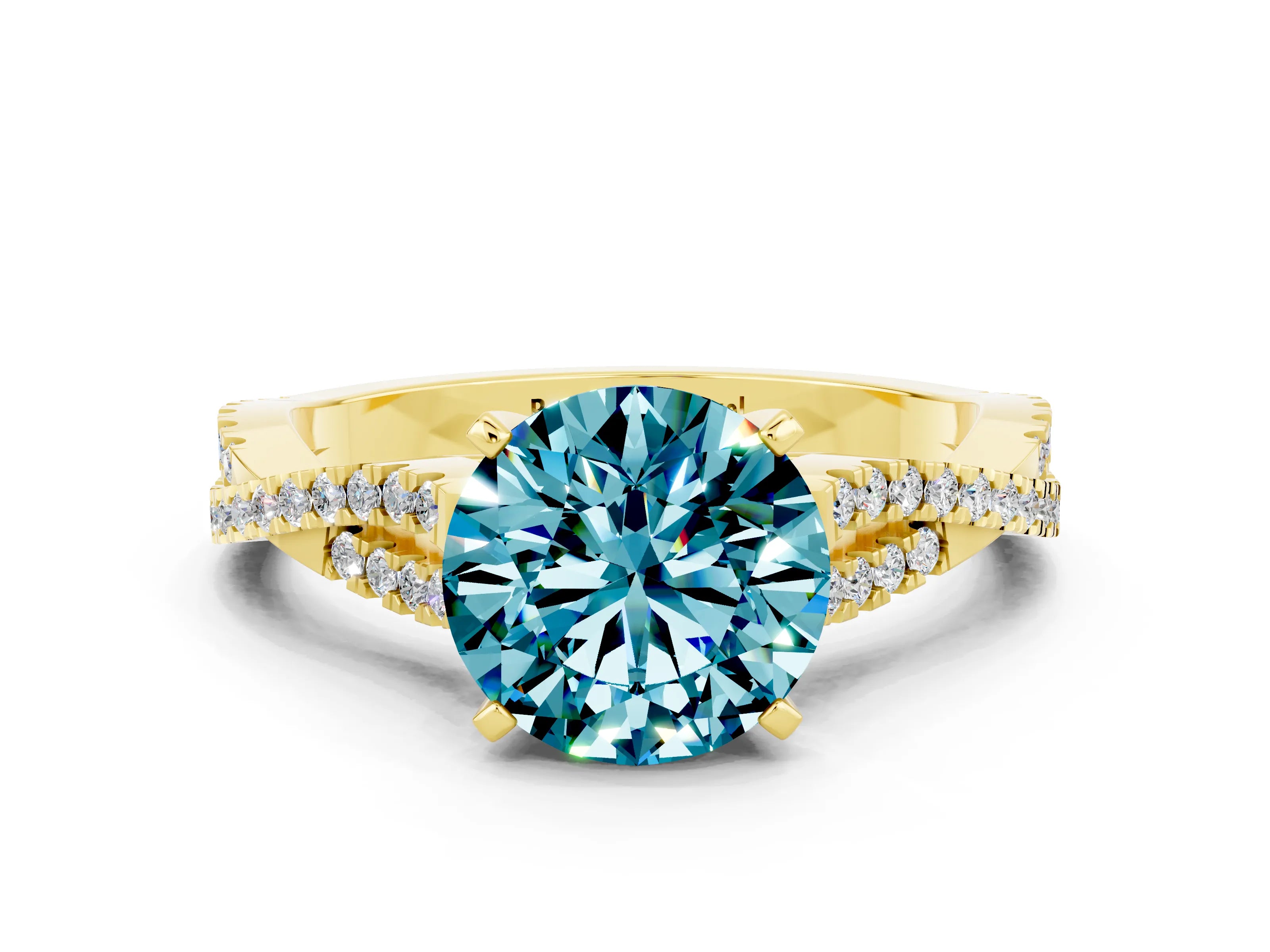 Yellow gold Round Cut Blue Topaz Solitaire Engagement Ring with Twisted Pavé Band and Four-Prong Setting_12