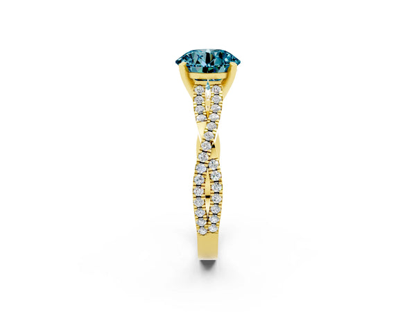 Yellow gold Round Cut Blue Topaz Solitaire Engagement Ring with Twisted Pavé Band and Four-Prong Setting