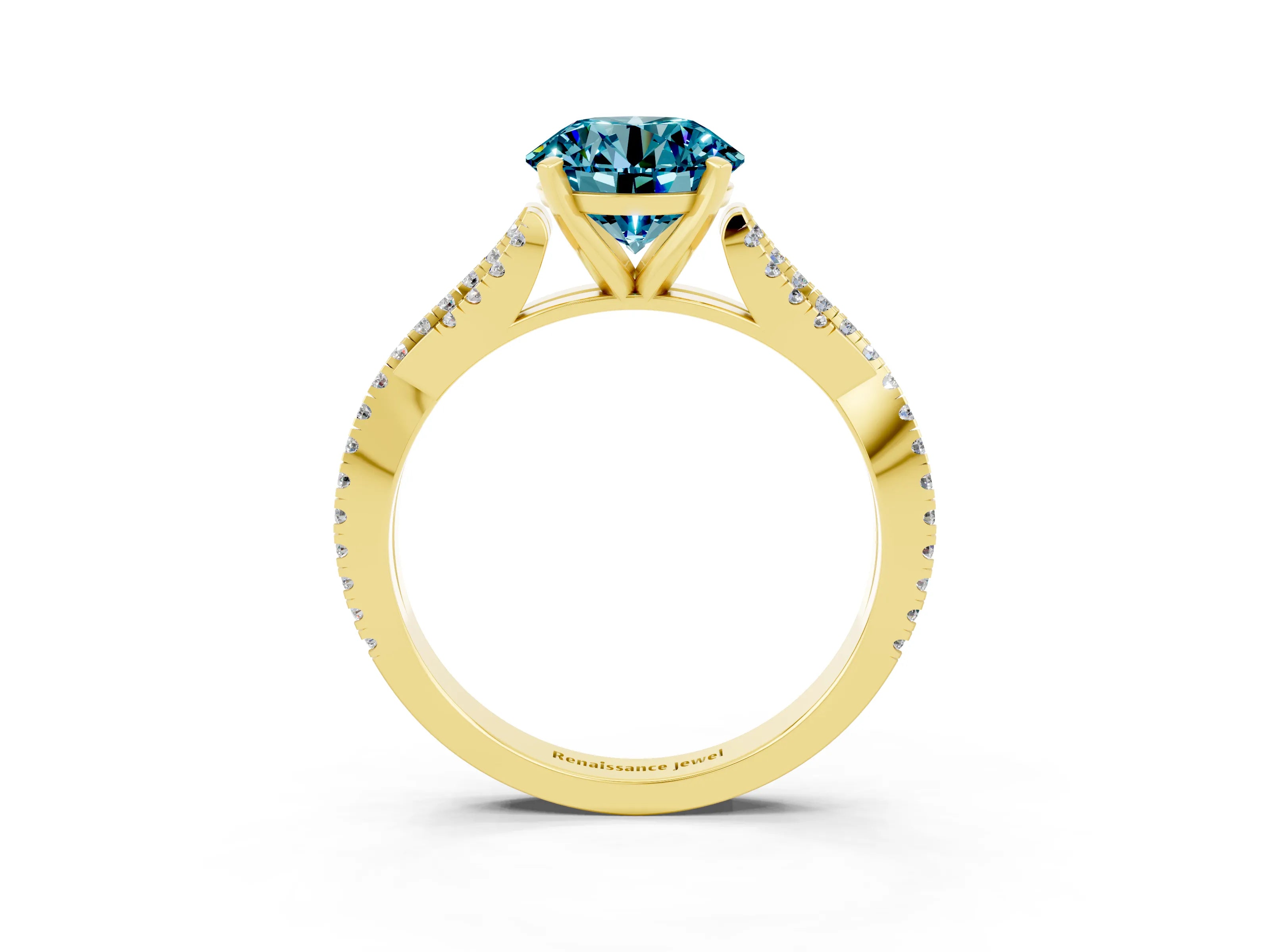 Yellow gold Round Cut Blue Topaz Solitaire Engagement Ring with Twisted Pavé Band and Four-Prong Setting_15