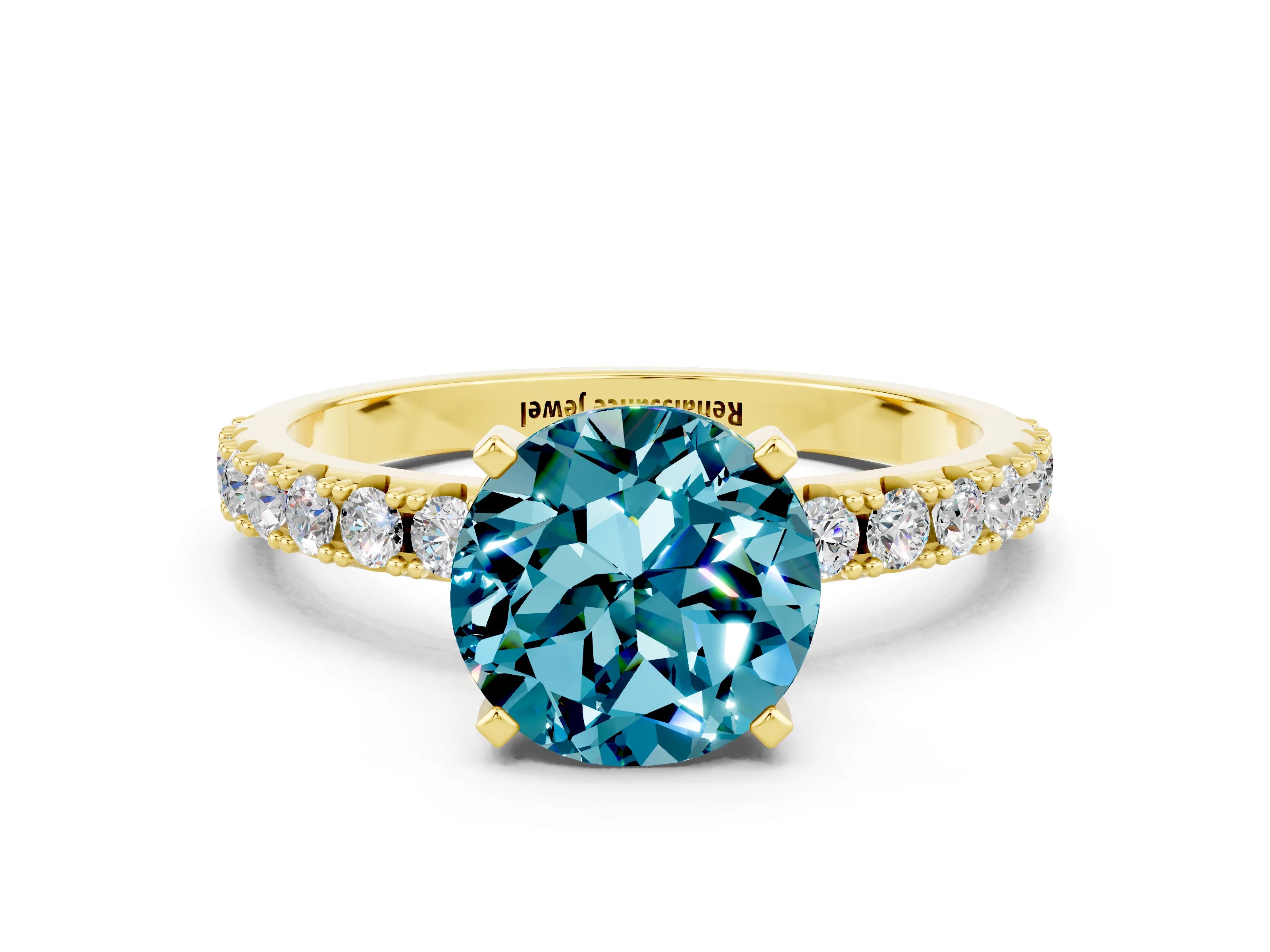 Yellow gold Round Cut Blue Topaz Solitaire Pavé Band with Four-Prong Setting