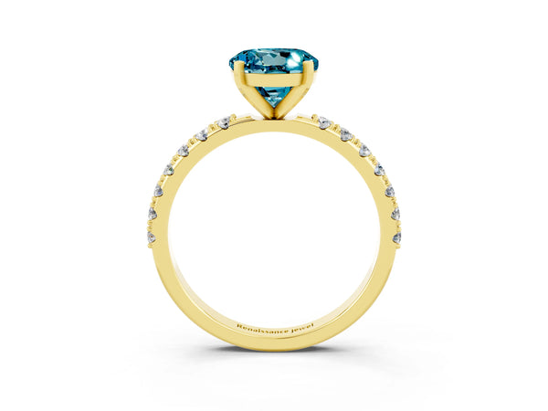 Yellow gold Round Cut Blue Topaz Solitaire Pavé Band with Four-Prong Setting