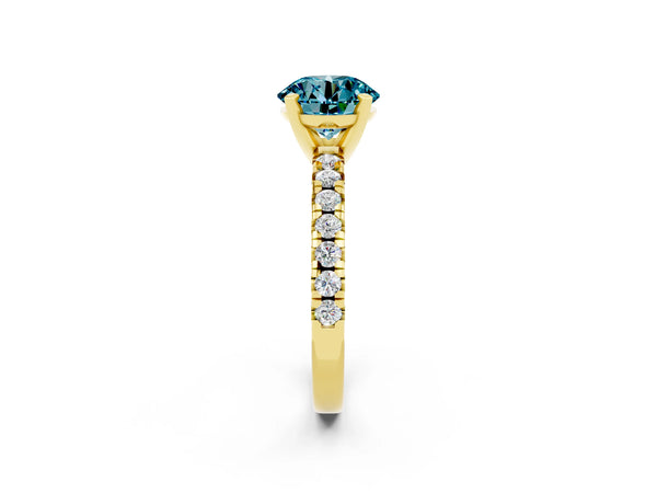 Yellow gold Round Cut Blue Topaz Solitaire Pavé Engagement Ring with Round Band and Prong Setting