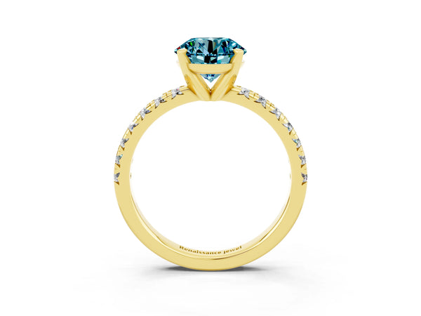 Yellow gold Round Cut Blue Topaz Solitaire Pavé Engagement Ring with Round Band and Prong Setting