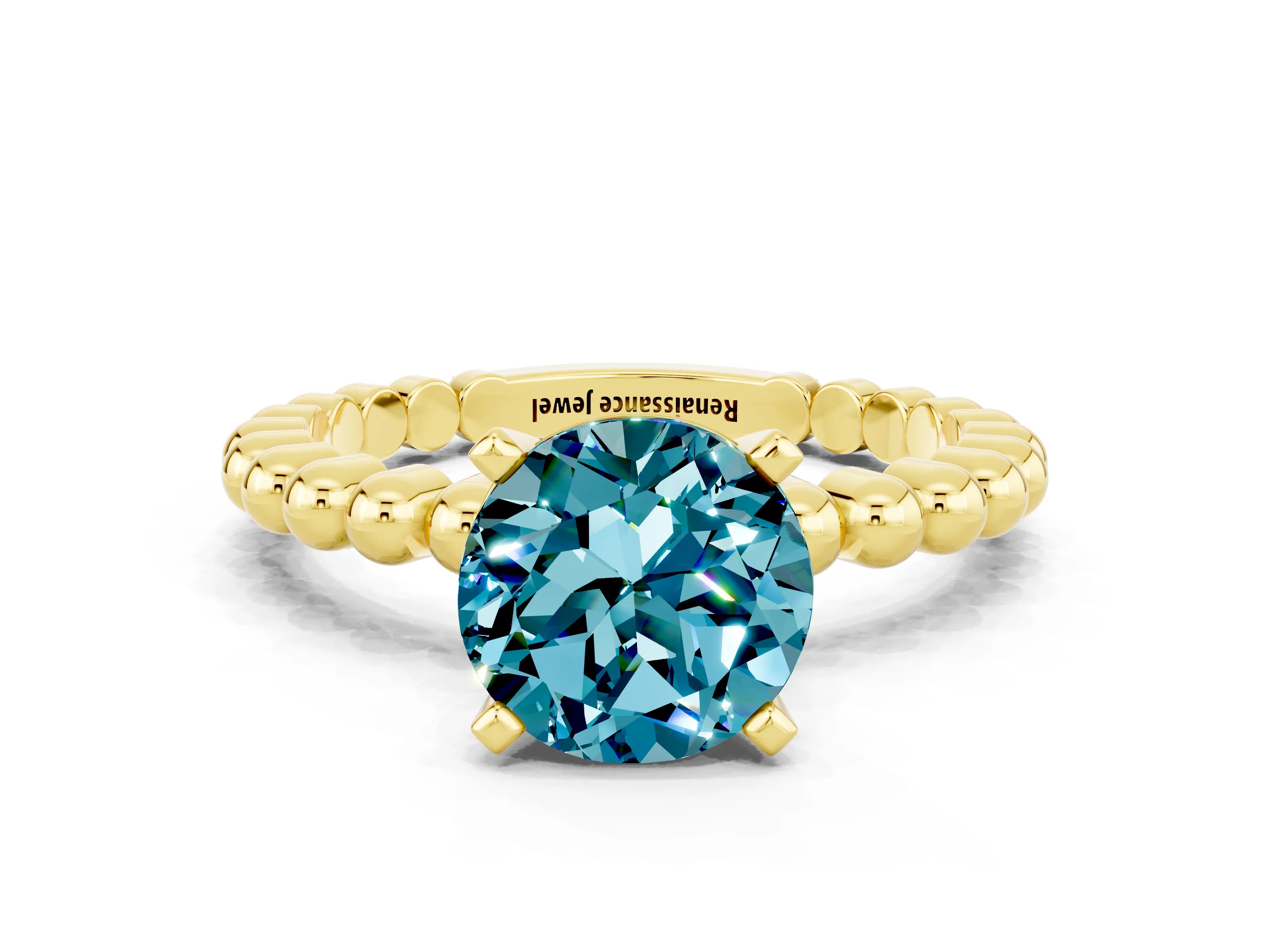 Yellow gold Round Cut Blue Topaz Solitaire Ring with Beaded Band and Prong Setting