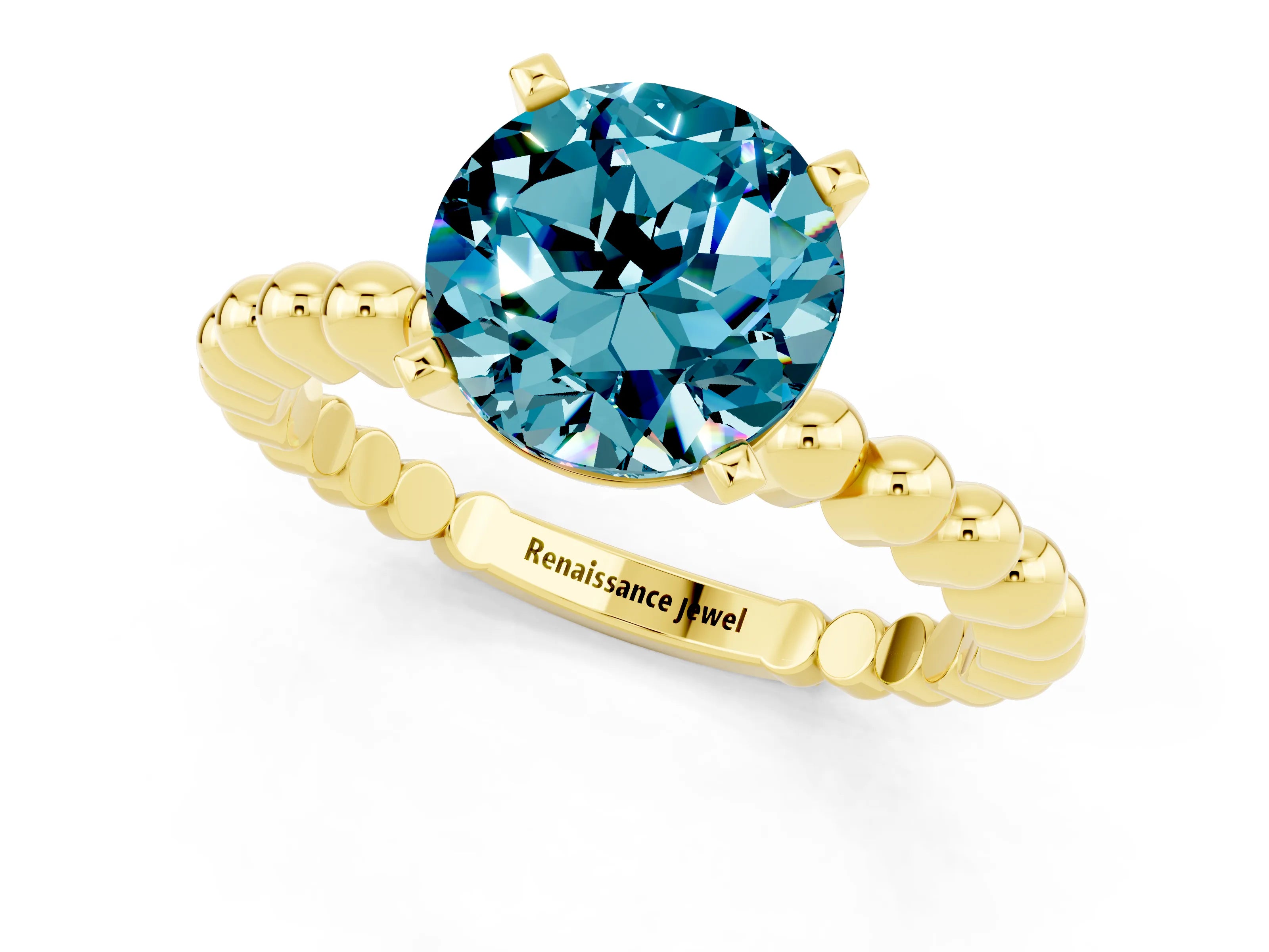 Yellow gold Round Cut Blue Topaz Solitaire Ring with Beaded Band and Prong Setting_1