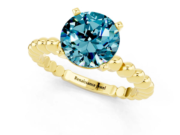 Yellow gold Round Cut Blue Topaz Solitaire Ring with Beaded Band and Prong Setting