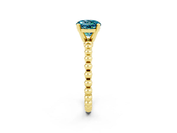 Yellow gold Round Cut Blue Topaz Solitaire Ring with Beaded Band and Prong Setting