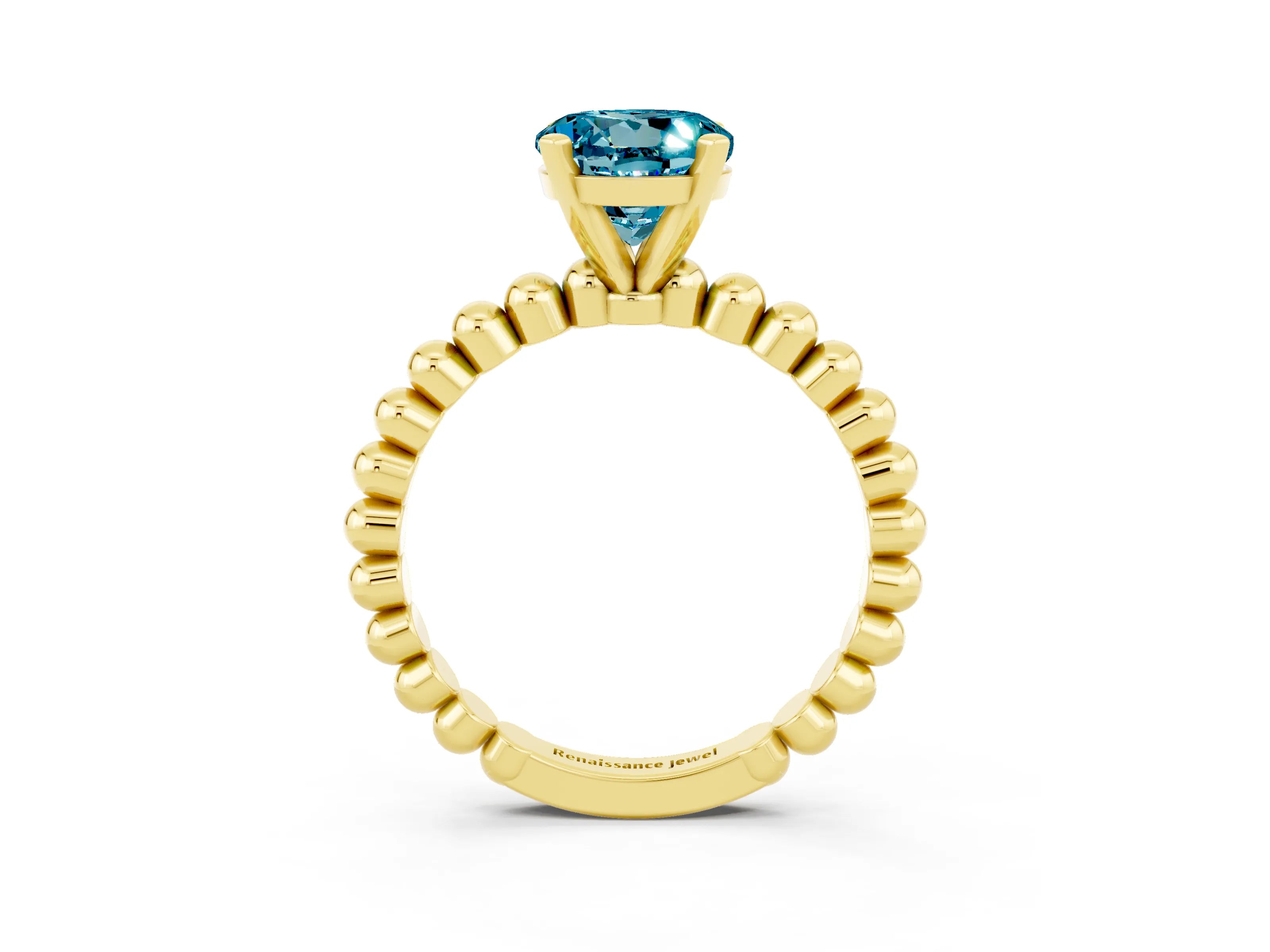 Yellow gold Round Cut Blue Topaz Solitaire Ring with Beaded Band and Prong Setting_3