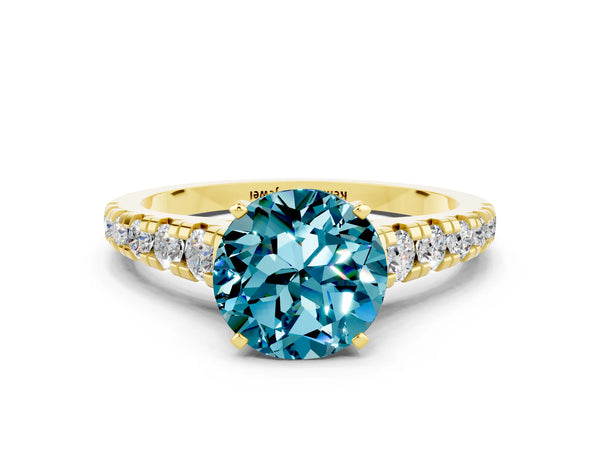 Yellow gold Round Cut Blue Topaz Cathedral Solitaire Ring with Round  Pavé Band