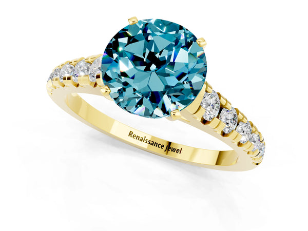 Yellow gold Round Cut Blue Topaz Cathedral Solitaire Ring with Round  Pavé Band