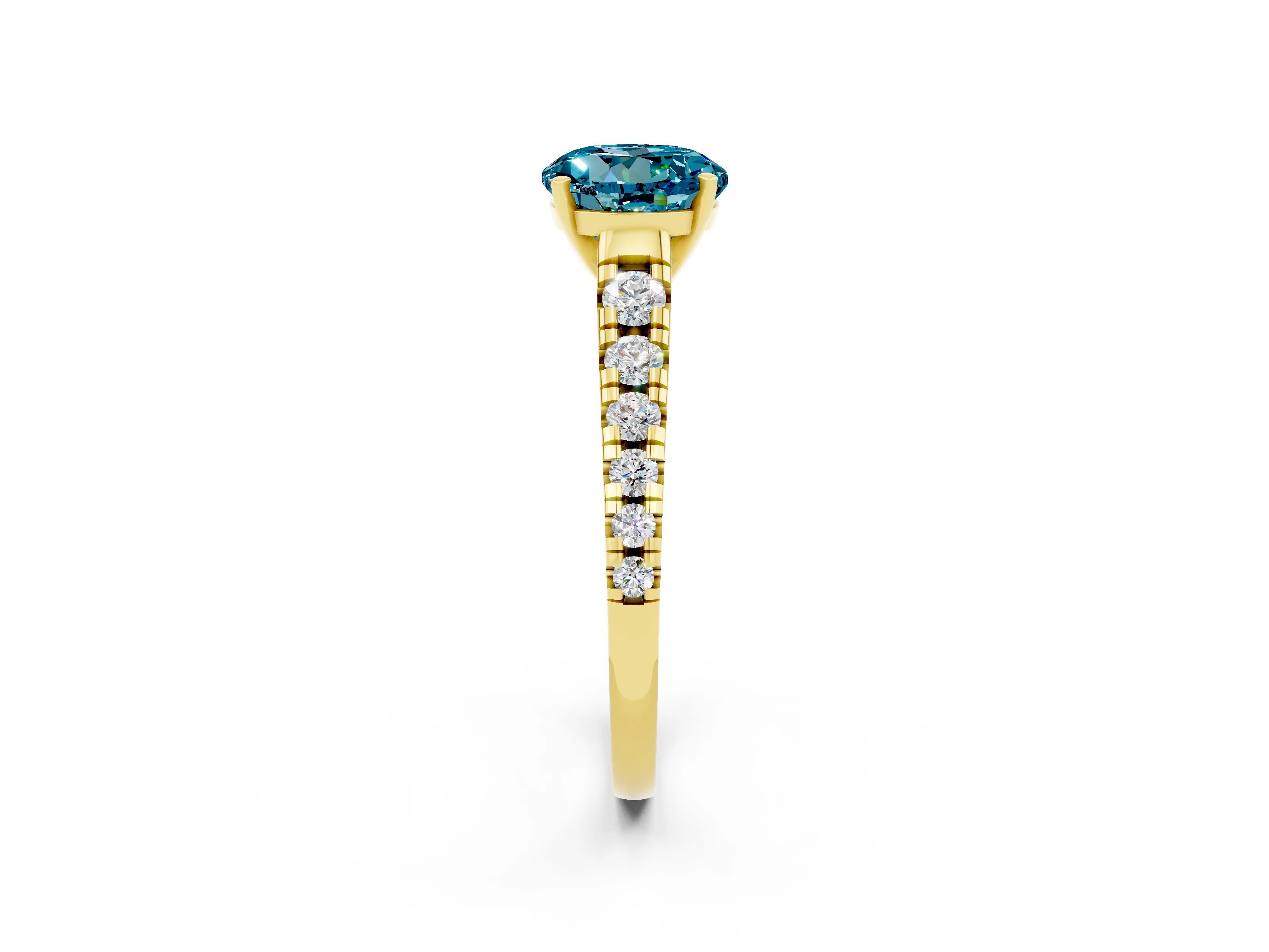 Yellow gold Round Cut Blue Topaz Solitaire Ring with Cathedral Setting and Pavé Band_2