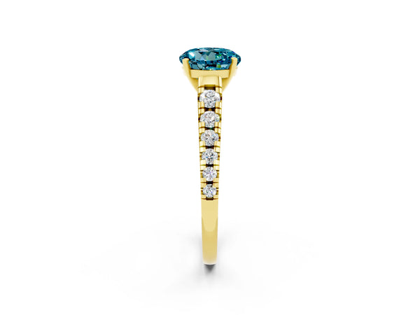 Yellow gold Round Cut Blue Topaz Cathedral Solitaire Ring with Round  Pavé Band