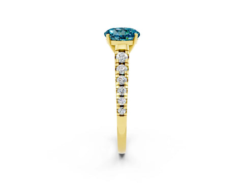 Yellow gold Round Cut Blue Topaz Solitaire Ring with Cathedral Setting and Pavé Band_2
