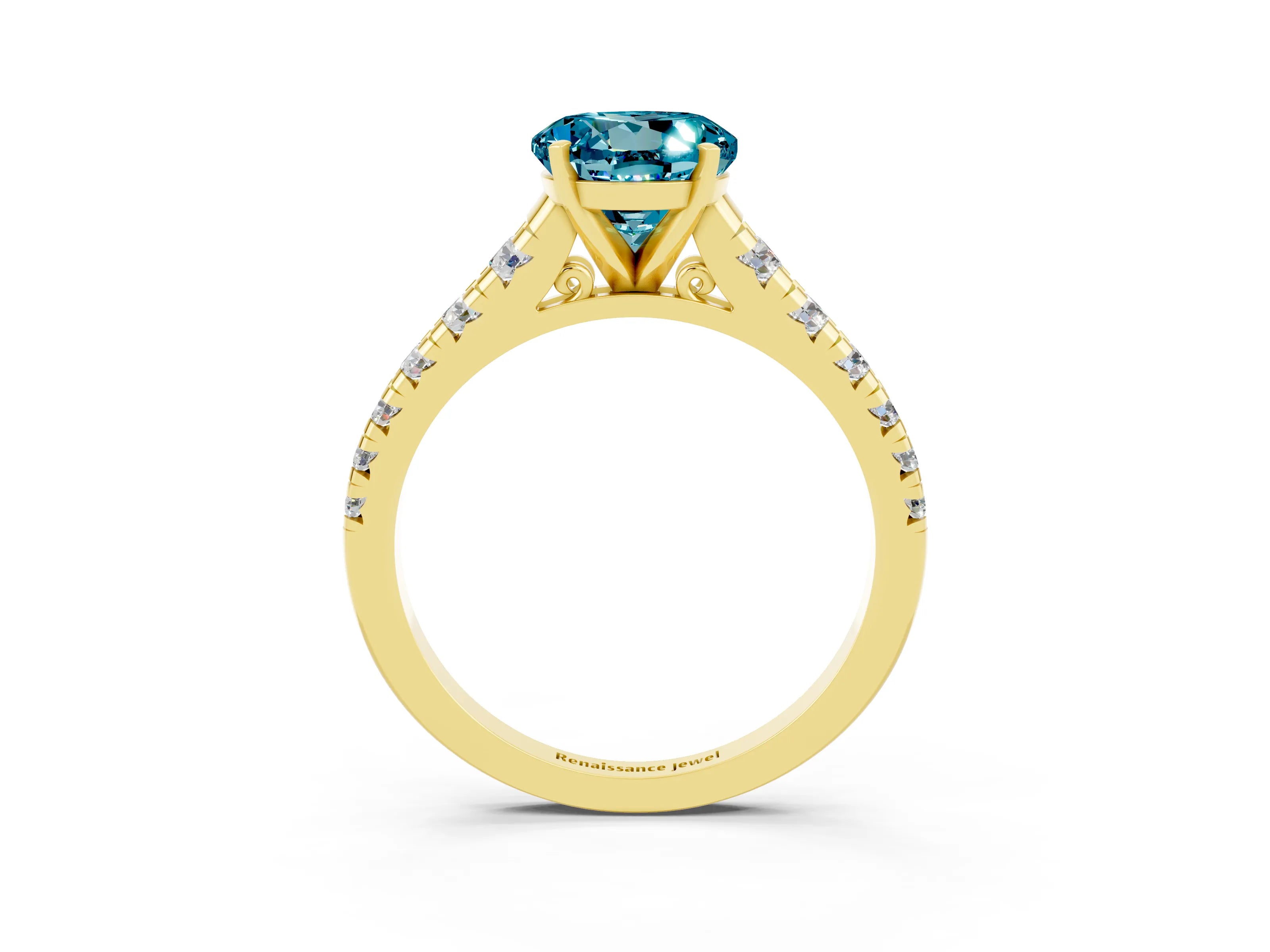Yellow gold Round Cut Blue Topaz Solitaire Ring with Cathedral Setting and Pavé Band_3
