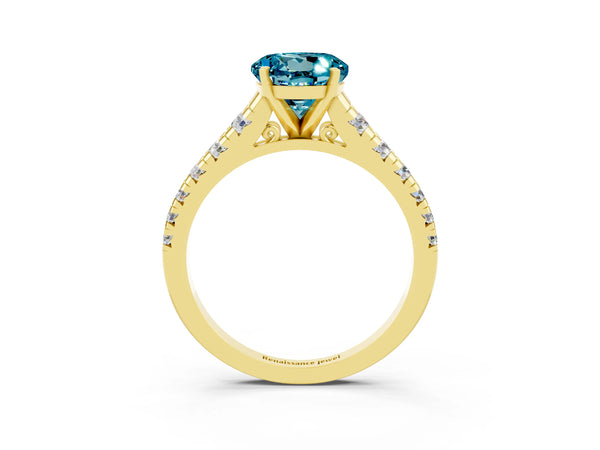 Yellow gold Round Cut Blue Topaz Cathedral Solitaire Ring with Round  Pavé Band
