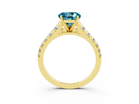 Yellow gold Round Cut Blue Topaz Solitaire Ring with Cathedral Setting and Pavé Band_3