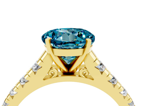 Yellow gold Round Cut Blue Topaz Solitaire Ring with Cathedral Setting and Pavé Band_4