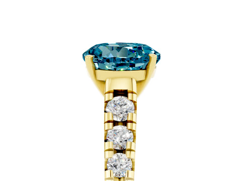 Yellow gold Round Cut Blue Topaz Solitaire Ring with Cathedral Setting and Pavé Band_5