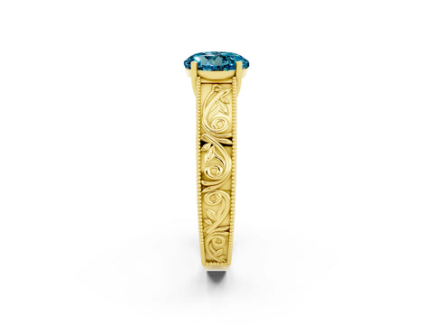 Yellow gold Round Cut Blue Topaz Solitaire Ring with Engraved Band and Four-Prong Setting_2