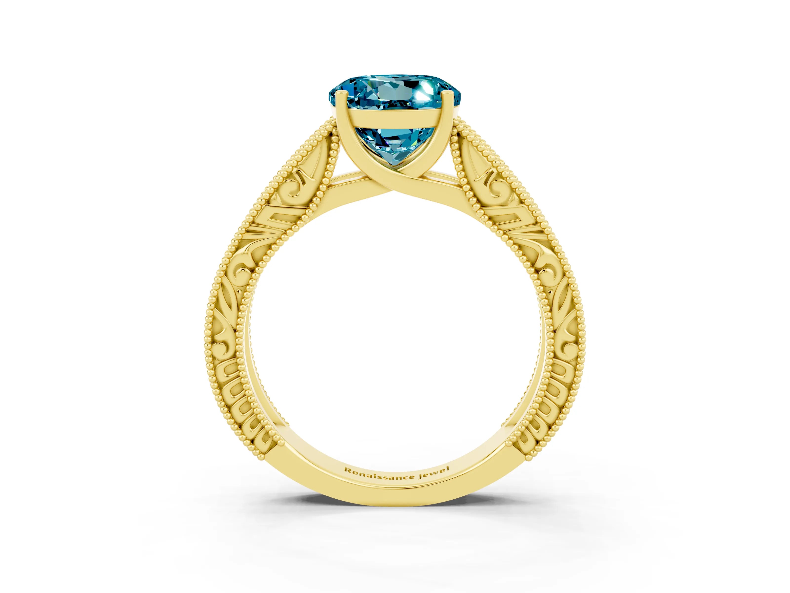 Yellow gold Round Cut Blue Topaz Solitaire Ring with Engraved Band and Four-Prong Setting_3