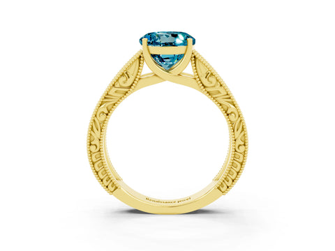 Yellow gold Round Cut Blue Topaz Solitaire Ring with Engraved Band and Four-Prong Setting_3