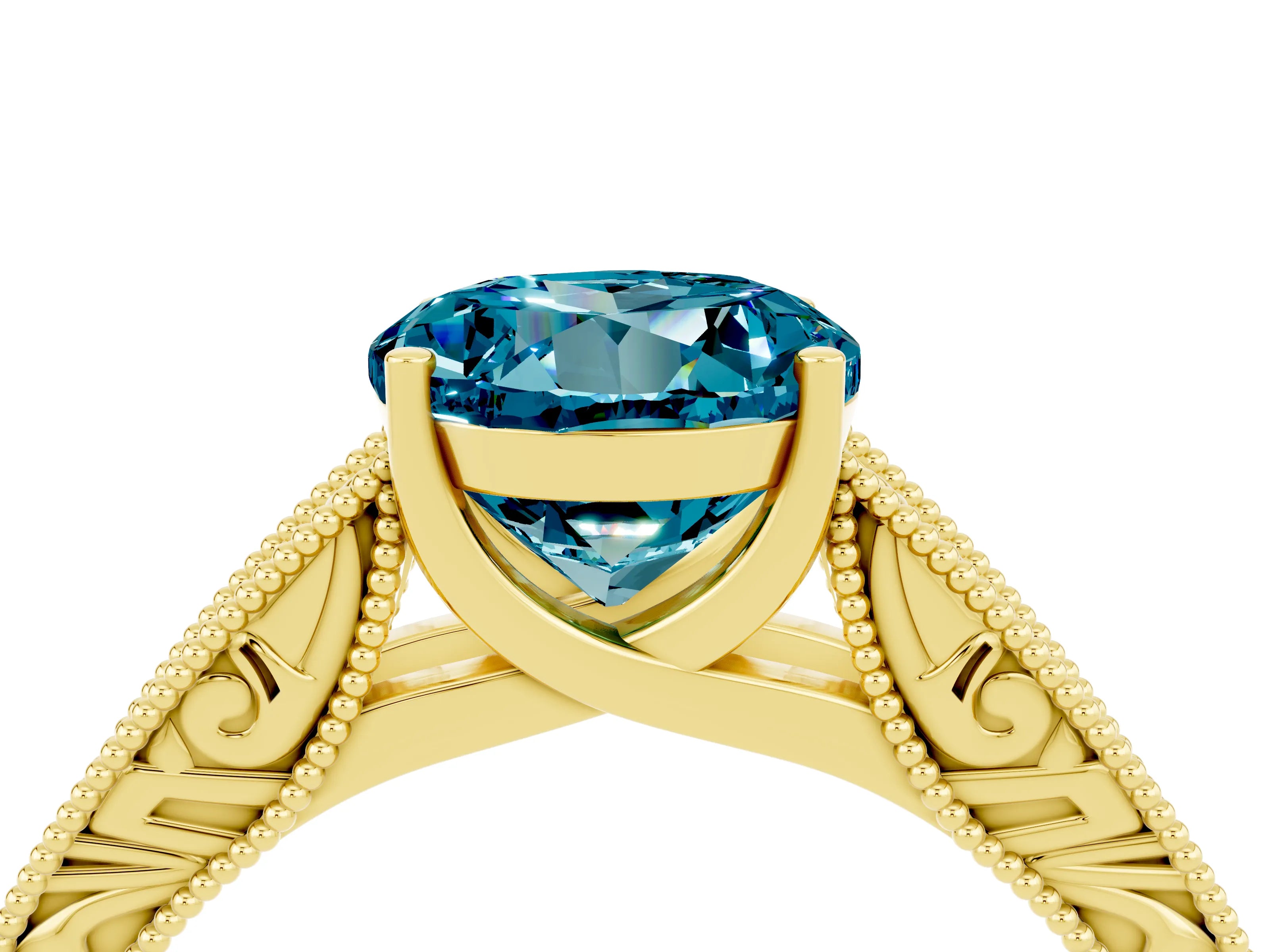 Yellow gold Round Cut Blue Topaz Solitaire Ring with Engraved Band and Four-Prong Setting_4