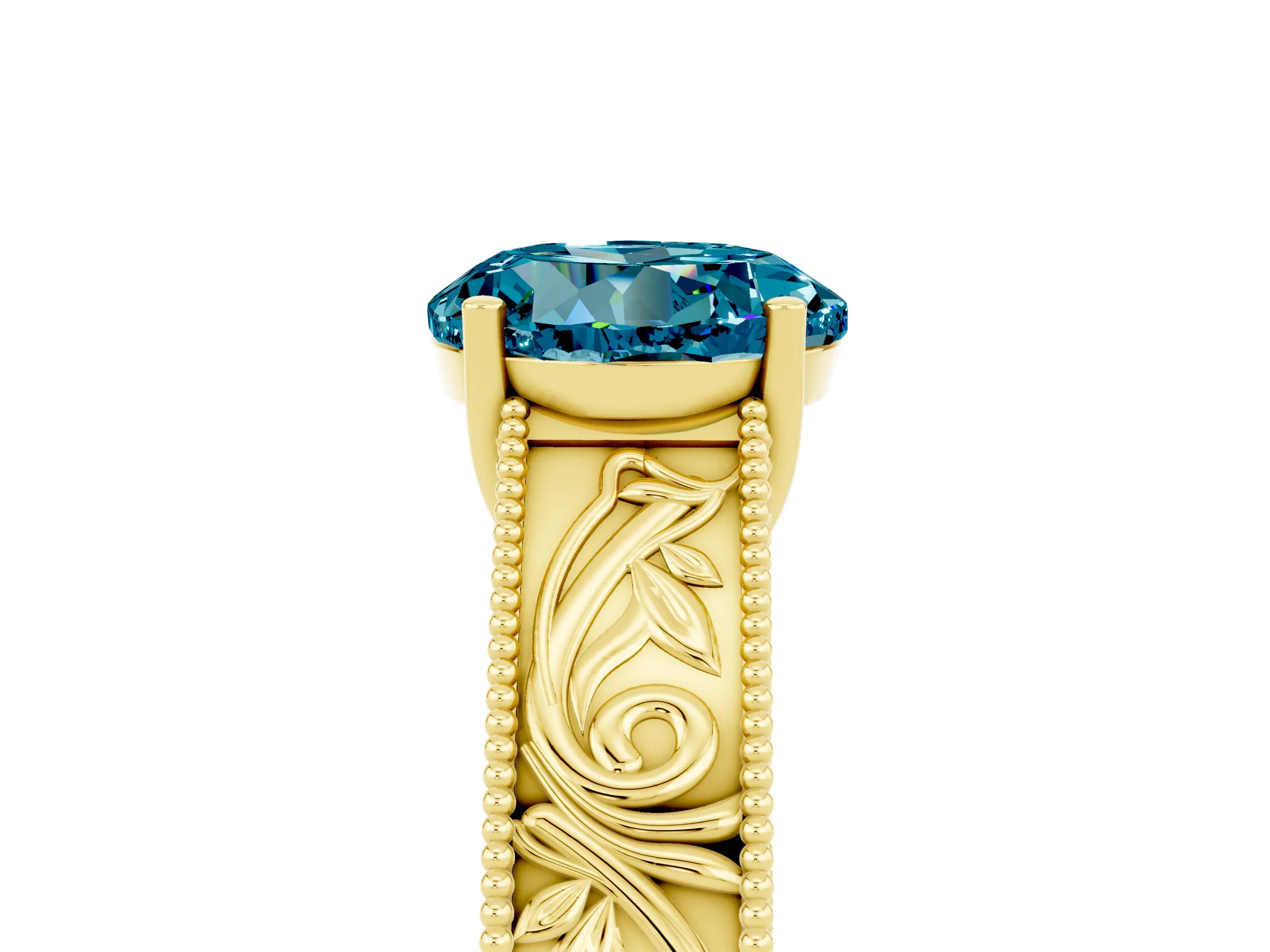 Yellow gold Round Cut Blue Topaz Solitaire Ring with Engraved Band and Four-Prong Setting_5
