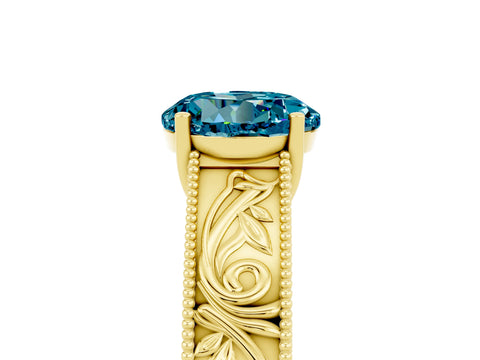 Yellow gold Round Cut Blue Topaz Solitaire Ring with Engraved Band and Four-Prong Setting_5