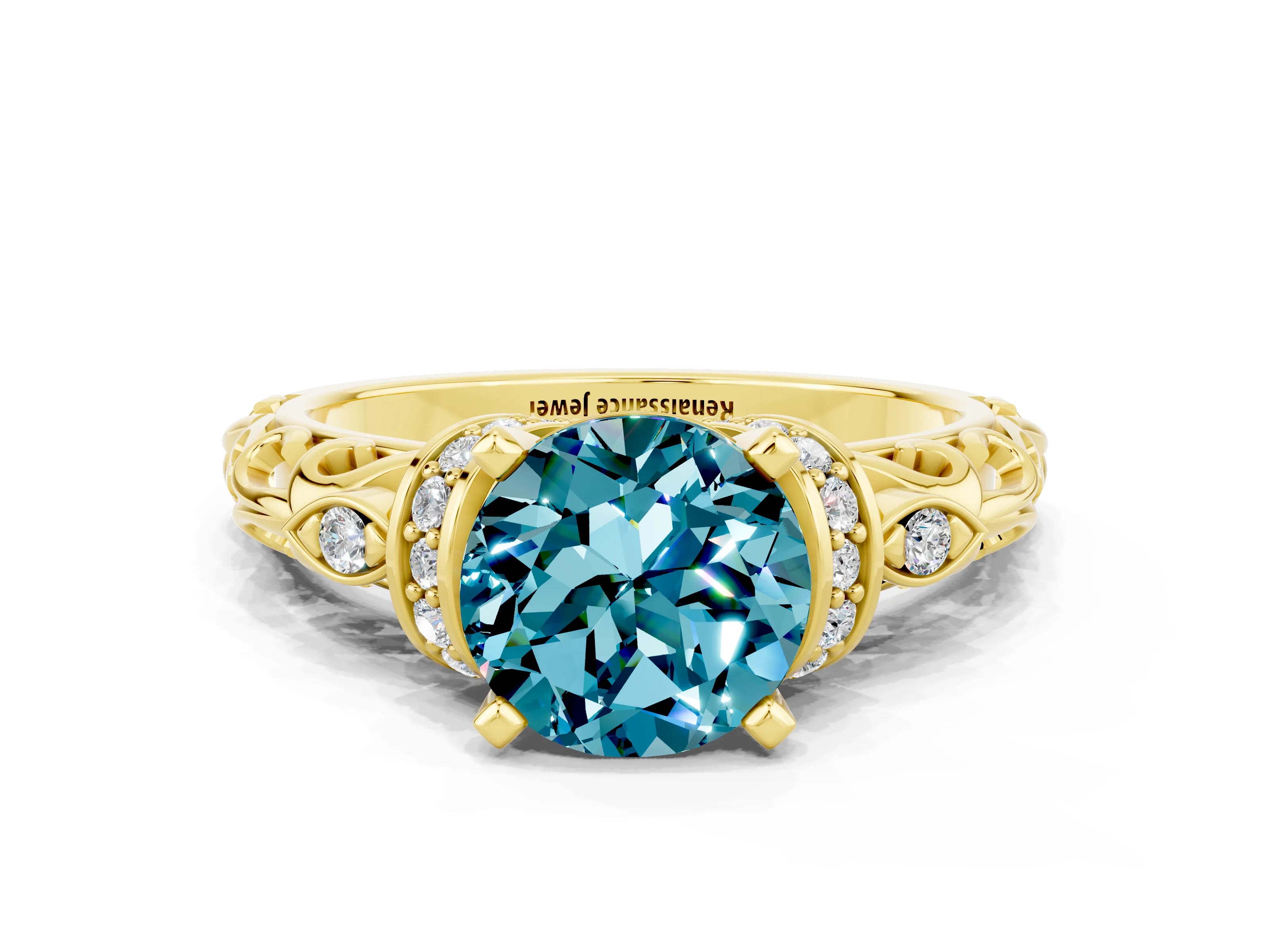 Yellow gold Round Cut Blue Topaz Solitaire Ring with Filigree Band and Four-Prong Setting_24