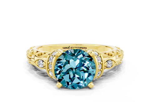 Yellow gold Round Cut Blue Topaz Solitaire Ring with Filigree Band and Four-Prong Setting_24