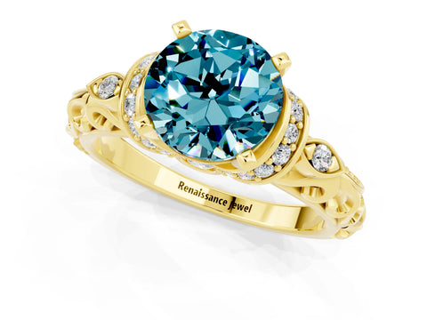 Yellow gold Round Cut Blue Topaz Solitaire Ring with Filigree Band and Four-Prong Setting_25